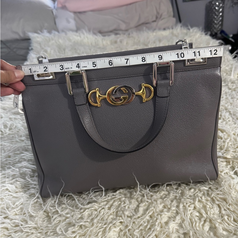 Sold Gucci Gray Leather Shoulder Bag with Gold Accents